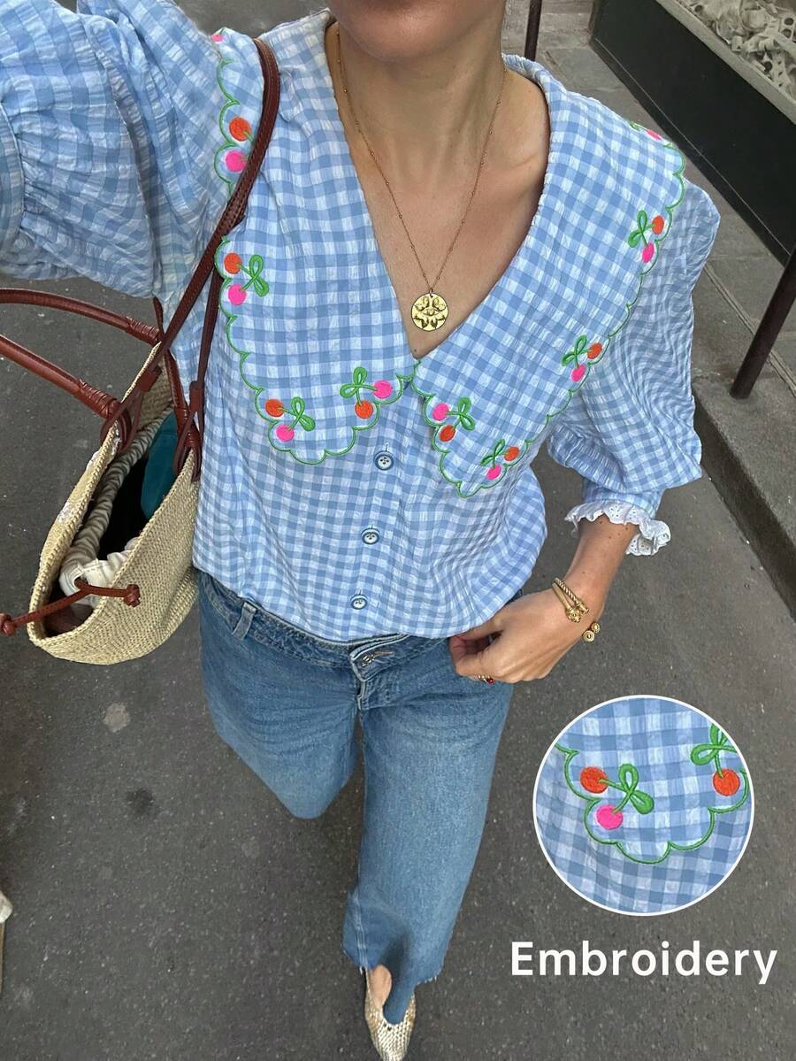 Women's Blue Plaid Long Sleeve Peter Pan Collar Blouse With Ruffle Trim And Embroidery Details, Regular Fit, Suitable For Everyday And Vacation Wear, Summer Spring - Blue - View 1