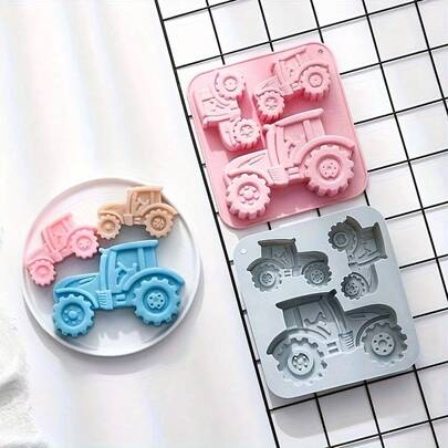 Molde de silicona con forma de tractor de 3 cavidades, molde de pastel creativo, molde de gelatina de chocolate, herramienta de cocina para hornear (rosa)