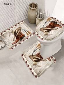 1/3/4 Stück Texas Stern, Hufeisen & Cowboystiefel Muster Duschvorhang Set mit 12 Haken, inklusive Toilette-Sitzabdeckung, Badematte und Teppich, Western Charme Thema, waschbar, aus strapazierfähigem, wasserdichtem Polyester, geeignet für Zuhause/Schlafzimmer/Wohnzimmer/Haushalt/Sommer - A - Übersicht 8