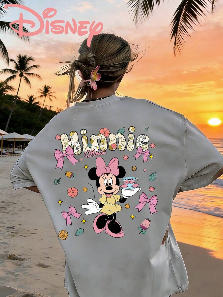 Casual Disney Minnie Mouse Short Sleeve Round Neck Sweatshirt For Women - Grey - View 1