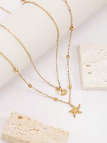 Bộ 2 dây chuyền vỏ sò dành cho nữ, mạ vàng 14K, có thể điều chỉnh độ dài, mặt dây chuyền hình sao biển và vỏ sò đính ngọc trai giả, thích hợp cho mùa hè đi biển, đeo hàng ngày, làm quà sinh nhật, quà tặng bạn bè. - Vàng - Xem 2