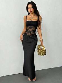 SHEIN PETITE Women's Suspender Lace See-Through Dress, Sexy Party Wear, Date And Festival Wear, Suitable For Autumn And Winter, Can Be Used As An Inner Layer White Sexy Dress Spaghetti Strap Dress White Lace Dress Bodycon White Dress Bustier Dress Elegant White Dress Sexy White Dress White Corset Dress White Club Dress - màu đen - Xem 4