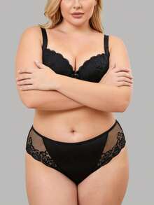 yalisi 2pcs/Set Plus Size Women Lace Padded Bra And Panty Set, Slimming, Comfortable, Suitable For Daily, Home, Leisure And Outdoor Sports - Black - View 7