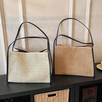 Black PU Leather Trimmed Herringbone Woven Tote Bag, Handwoven Paper Grass Material, Large Capacity Commuter Bag, PU Leather Strap, Magnetic Closure, Minimalist Casual Style Women's Shoulder Bag, Suitable For Commuting, Travel, Beach, Daily Use, French Minimalist Design