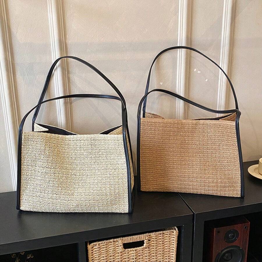 黑色PU皮革饰边人字纹编织手提包，手工编织纸草材质，大容量通勤包，PU皮革肩带，磁扣开合，简约休闲风格女士单肩包，适合通勤、旅行、海滩、日常使用，法式简约设计