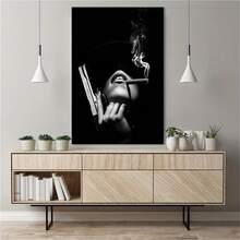 1pc Frameless Black & White Canvas Art Print,Vintage Movie Black Fashion Woman Portrait With Cigar Smoke Wall Art Poster,Suitable For Modern Western Home Decor,Living Room,Bedroom,Office,Kitchen,Bathroom Decoration,Eye-Catching Decorative Gift - A - View 5