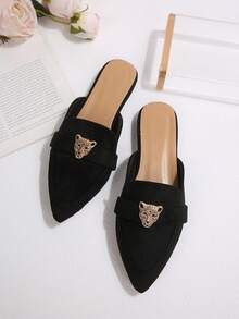 Giày bệt đế bằng màu đen, giày mũi nhọn kiểu slip-on với khóa kim loại hình đầu báo, giày lười thanh lịch dành cho nữ, giày công sở thoải mái, thích hợp cho mùa xuân/thu. - màu đen - Xem 6