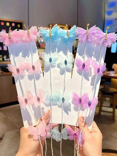 2 piezas Cadena de pelo con mariposa de perla rosa trenzada, adecuada para niñas, súper dulce y hada con borla trenzada, adecuada para clips de pelo de niñas, accesorios de pelo de princesa (solo tarjeta de papel para exhibición)