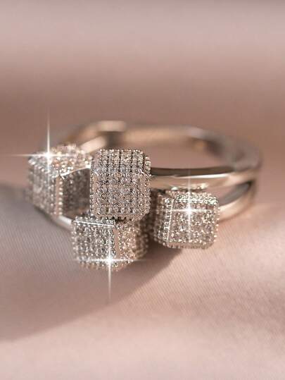1pc Luxury Four Square Shape Cubic Zirconia Women Wedding Rings, Unique Small Cube Of Sugar Copper Ring,Suitable Daily Commute, EBanquet, Prom, Party, Jewelry Gift