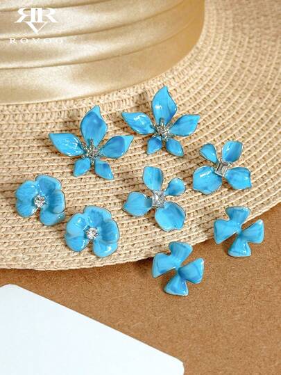 4 pares de elegantes pendientes con estampado de flores en azul tie-dye, adecuados para niñas, vacaciones, citas de primavera/verano, con una atmósfera de lujo y gracia