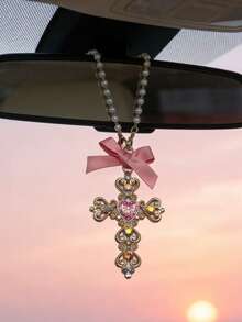 Rhinestone Cross Pendant With Pearl Decor, Car Rearview Mirror Hanging Ornament - Cross - View 2