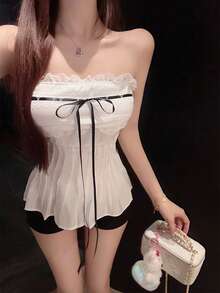 蕾丝边抹胸露脐上衣，性感白色蝴蝶结裹胸背心，夏季外套 - 白色 - 查看 2