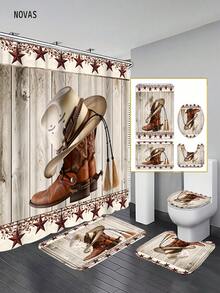 1/3/4 Stück Texas Stern, Hufeisen & Cowboystiefel Muster Duschvorhang Set mit 12 Haken, inklusive Toilette-Sitzabdeckung, Badematte und Teppich, Western Charme Thema, waschbar, aus strapazierfähigem, wasserdichtem Polyester, geeignet für Zuhause/Schlafzimmer/Wohnzimmer/Haushalt/Sommer - A - Übersicht 12