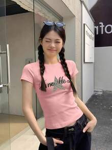 极简星形字母印花修身短袖T恤，女士款，收腰露脐上衣，粉色休闲夏季款 - 粉色 - 查看 6
