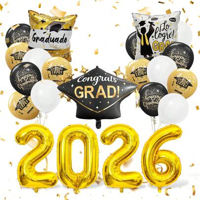 22pcs Black & Gold Graduation Party Balloon Set, Includes 32" 2026 Number Balloon, Graduation Cap, Congrats Graduation Foil Balloon, Suitable For 2026 Graduation Party Decor, University/High School Graduation Theme, Classroom Graduation Decor, Photo Props
