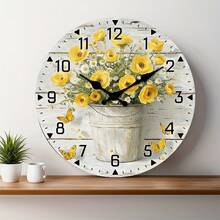2D Flat, Vintage Yellow Bouquet Wooden Wall Clock - No Chime, Round Analog Clock, Floral Design With White Flower Pot - Perfect For Kitchen, Home Office, Library, Hallway, Apartment Decor - Size 10inch,Mothers Day Gift,Adornos Para Sala,Sunflower,House Essentials - Style/Multiple Colors/10in/25cm - View 2