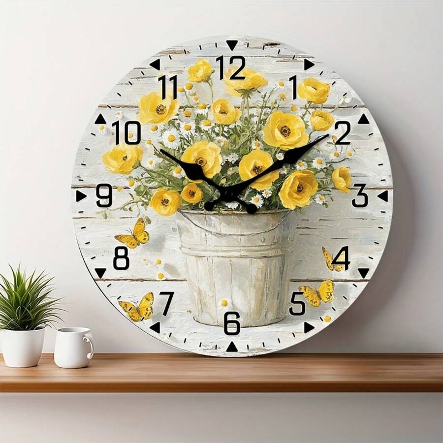 2D Flat, Vintage Yellow Bouquet Wooden Wall Clock - No Chime, Round Analog Clock, Floral Design With White Flower Pot - Perfect For Kitchen, Home Office, Library, Hallway, Apartment Decor - Size 10inch,Mothers Day Gift,Adornos Para Sala,Sunflower,House Essentials