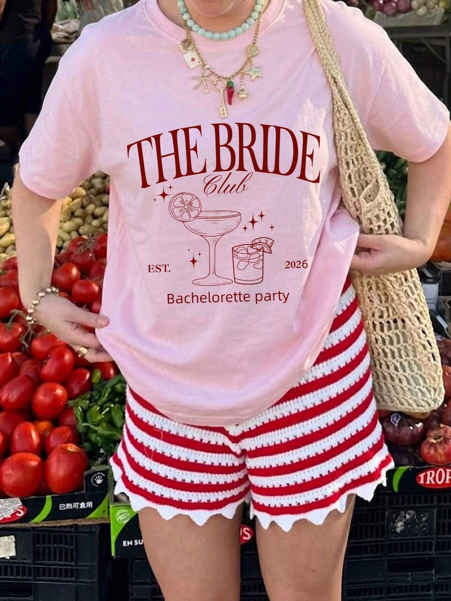 Buzzelle 1件女款夏季圓領短袖T恤,Bride Tribe圖案印花粉色休閒款 - 粉色 - 查看 1