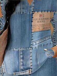 1 Set Casual Attribute Woven Fabric Smooth & Skin-Friendly Women's Home & Outing Summer Birthday Gift Light Blue Denim Patchwork Print Women's Plus Size Two-Piece Set - 彩色 - 查看 4