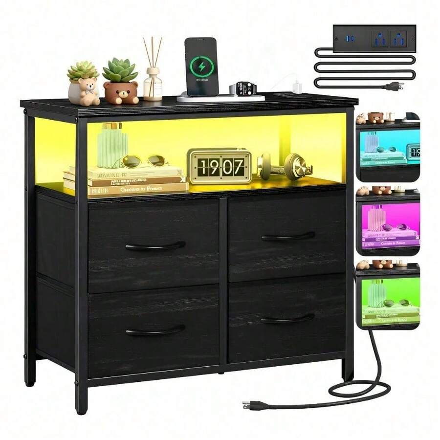 Furrific® Cómoda Cajonera Grande Con 4 Cajones Tocador De Tela Capacidad Cómodas Chifoniers Cajonera con1.5M Enchufes, Burós con RGB Led, Armario de Almacenamiento Tamaño 62*30*60CM - por defecto - Ver 1