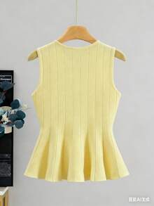 女士时尚夏季针织短袖开衫上衣，休闲修身T恤，带金属扣 - 黃色 - 查看 6