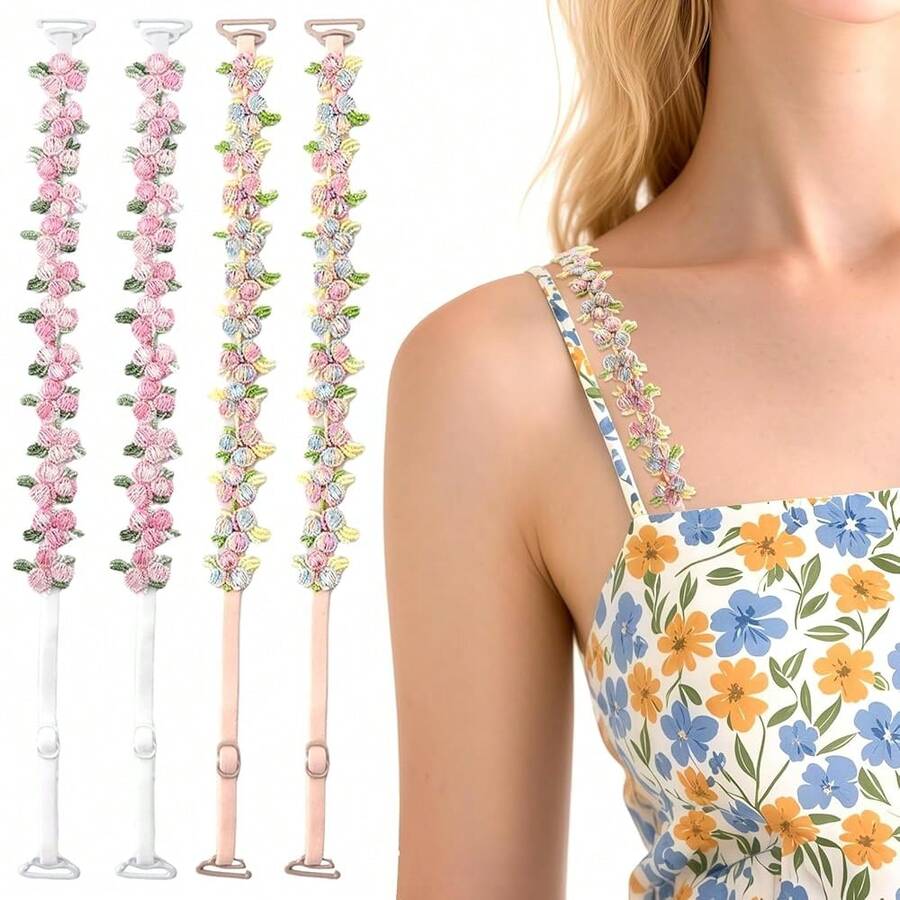 2Pairs Floral Bra Straps For Women Removable Invisible Decorative Cute Flower Lace Strap Replacement Non Slip Bra Strap - Hồng - Xem 1