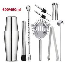 5/6/9件套 450/600/750毫升 专业不锈钢波士顿鸡尾酒调酒器套装，经典银色镜面抛光，包含量酒器/吧勺/滤网/冰钳/捣棒，适用于家庭/酒吧/派对/节日庆典的调酒工具 - 查看 14