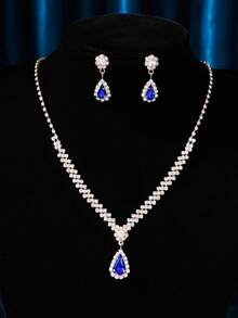 1 Set Gold-Tone Elegant Necklace And Earrings Jewelry Set, Fashion Simple Necklace Earrings Suit For Gala, Wedding, Birthday Party, Prom, Adult Ceremony, Alloy Crystal Bridal Accessories Valentine's Day Accessories - Silver - View 3