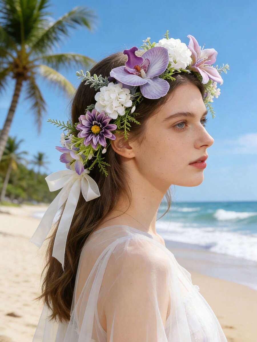 1pc Floral Wreath, Realistic Ruched Rose Bud, Hydrangea, Crabapple Flower Headband, Adjustable Satin Ribbon, Suitable For Beach, Photography, Fairy-Like Hair Accessory - Purple - View 1