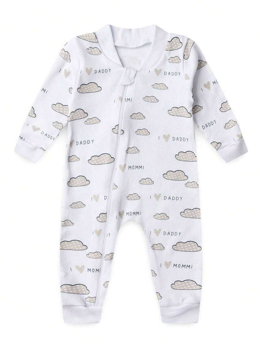 Baby Jumpsuit In Printed Suedine Fabric With Zipper (Newborn/Small/Medium/Large) - White - View 1