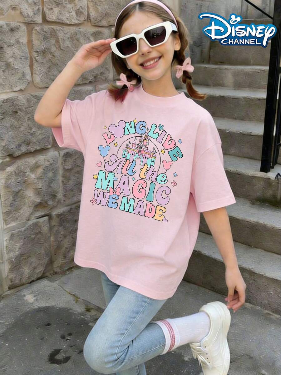 Disney Long Live All The Magic We Made,Disneylandprint Summer Tops,Disneyland Graphic Tee, Perfect For Cute Girls. Teen Girl Gift,Comfortable And Breathable Children's Short-Sleeved T-Shirt. 180g Pure Cotton Children's Clothes,Suitable For Both Boys And Girls.Suitable For Daily Wear, Vacations, Outdoor Activities, And As A Children's Gift. - 粉色 - 查看 1