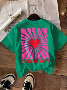 Camiseta de manga corta con estampado de corazón lindo para mujer, ideal para vacaciones, primavera y ropa de resort - Verde 2 - Ver 4