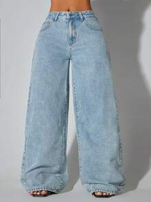 Jeans casuales de mujer de cintura baja, pierna ancha, con bolsillos laterales curvos, azules, ropa de otoño y primavera - Lavado ligero - Ver 5
