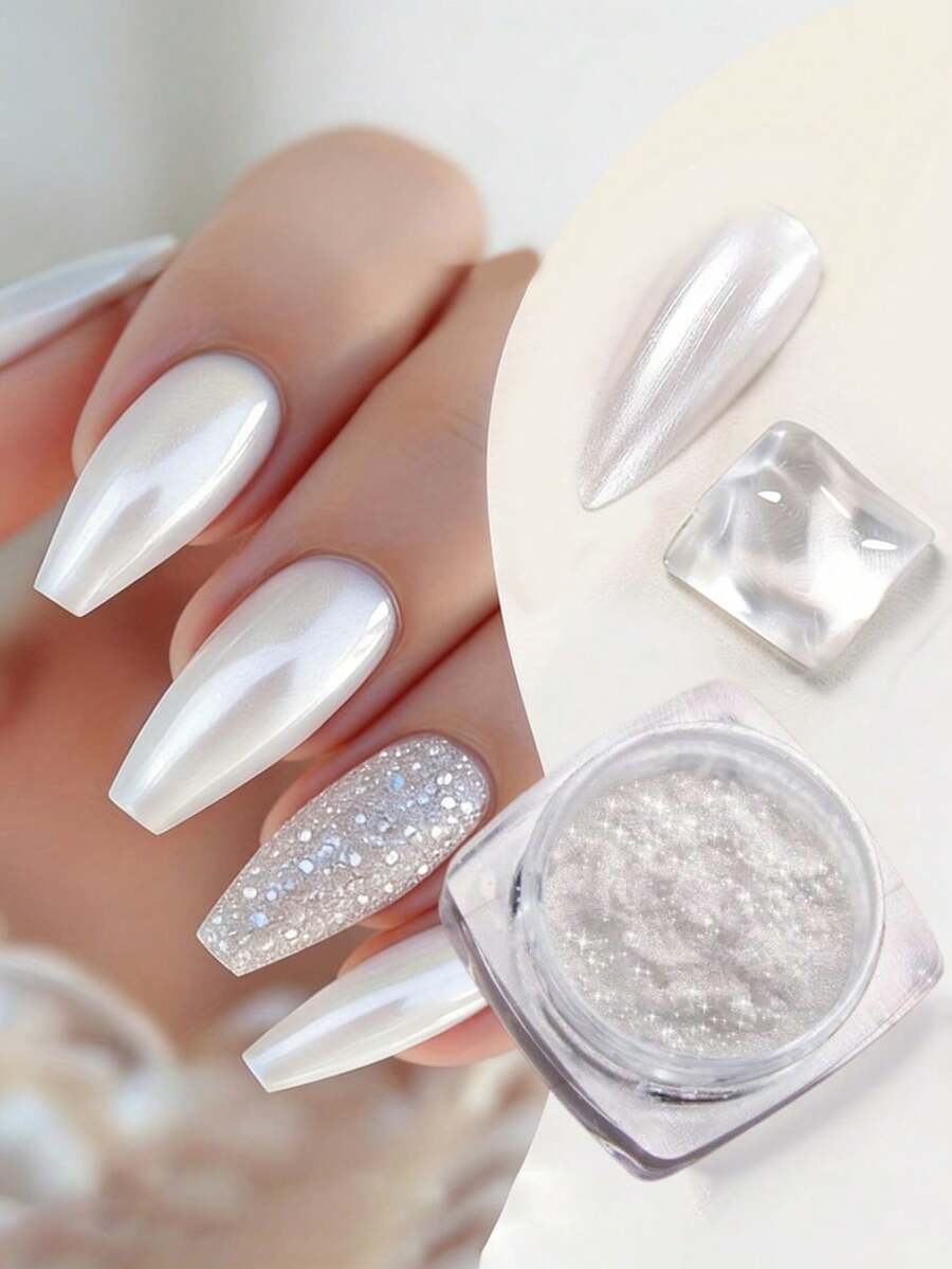 1 lọ sơn móng tay nhũ bạc khô nhanh màu trắng ngọc trai | Bền màu, bóng cao, không cần đèn UV, bột nhũ lấp lánh như gương, được thiết kế dành cho tiệm làm móng của nữ. - Nhiều màu - Xem 1