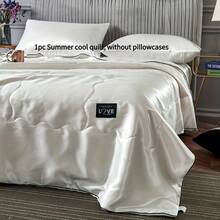 1pc Ultra-Soft Cooling Satin Quilt - Light Gray, Breathable & Smooth Summer Bedding For Home, Dorm, Or Hotel Use, Machine Washable, Pillowcase Not Included, Contemporary Style, Dorm Room Essentials | Modern Bedroom Decor | Satin Weave Quilt - White - View 13
