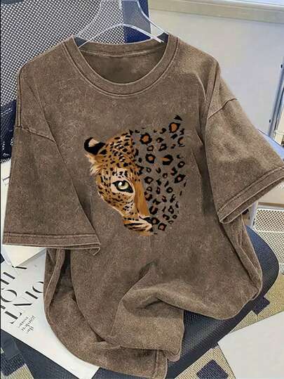 Áo thun ngắn tay cổ tròn nhuộm màu loang họa tiết da báo vintage mùa hè mới, kiểu dáng thường ngày, phong cách cá tính, đa năng dành cho nữ.