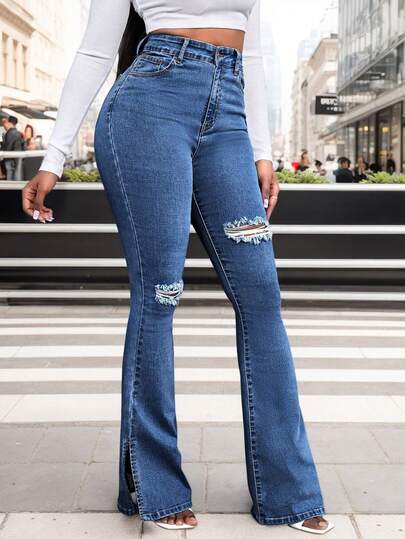 Pantalones vaqueros de campana ajustados y elásticos para mujer, diseño de jeans rotos, estilo elegante y fashion, Jeans ajustados elásticos con curvy
