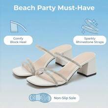 宽楦女士优雅露趾踝带水钻装饰粗跟套脚高跟凉鞋，适合约会、派对、婚礼、情人节等场合。 - 白色 - 查看 2