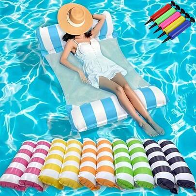 Bộ 2 món đệm phao hồ bơi kèm võng nước và bơm mini, võng nước bơm hơi 4 trong 1 dành cho người lớn, thích hợp cho hồ bơi và bãi biển.