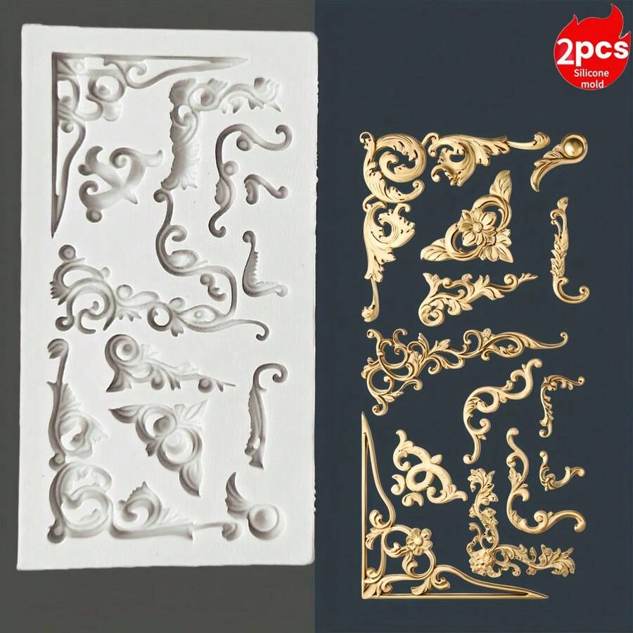 2pcs European Style Embossed Silicone Molds, Suitable For Resin, Plaster, Clay Crafts And Home Decor For Various Festivals - 2 Gray Molds - Small Ancient Flower - View 1