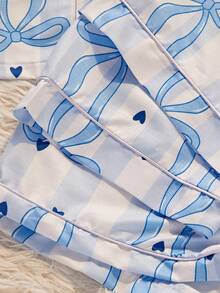 3pcs/Set Women's Casual Loose Comfortable Striped Heart & Bow Print Pocket Front Button Short Sleeve Top And Shorts/Pants Pajama Set, Spring/Summer - Blue and White - View 5