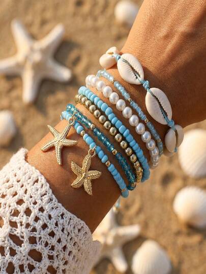 7件套波西米亚风海滩度假手链套装 - 夏季海滩海星贝壳吊坠多层叠戴手链套装