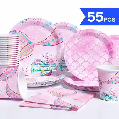 Bộ đồ dùng tiệc dùng một lần Mermaid & Treasure gồm đĩa, khăn ăn và cốc, phù hợp cho 10 khách, thích hợp cho sinh nhật, đám cưới, tiệc tùng, dã ngoại gia đình.