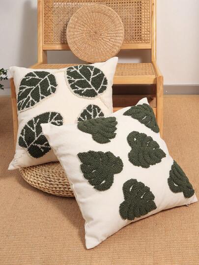 1pc/2pcs Set Leaf Pattern Throw Pillow Cover, Bohemian Embroidered Plush Cushion Cover, Fresh Spring/Summer Decor For Bedroom, Living Room, Sofa, Outdoor Patio, Holiday Party, Home Decor, 45*45cm, Without Pillow Insert, All Season