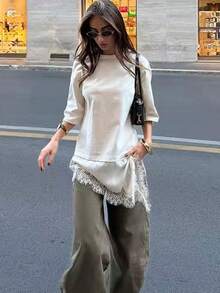 Áo thun nữ dáng suông, màu trơn, phối ren, vạt bất đối xứng, thích hợp cho mùa hè. - Màu be - Xem 8