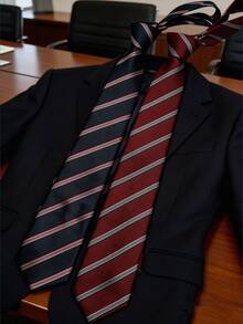 1条酒红色条纹手工领带，适合休闲、街头风、衬衫、制服、约会、校园、日常穿着、拍照搭配。 - 彩色 - 查看 5