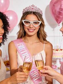 6/3/1 件套女孩生日首饰套装，包括生日绶带、生日皇冠、生日女孩腰带、生日女孩皇冠发箍、生日女孩眼镜、生日女王眼镜，生日派对礼物，时尚闪亮 - 彩色 - 查看 3