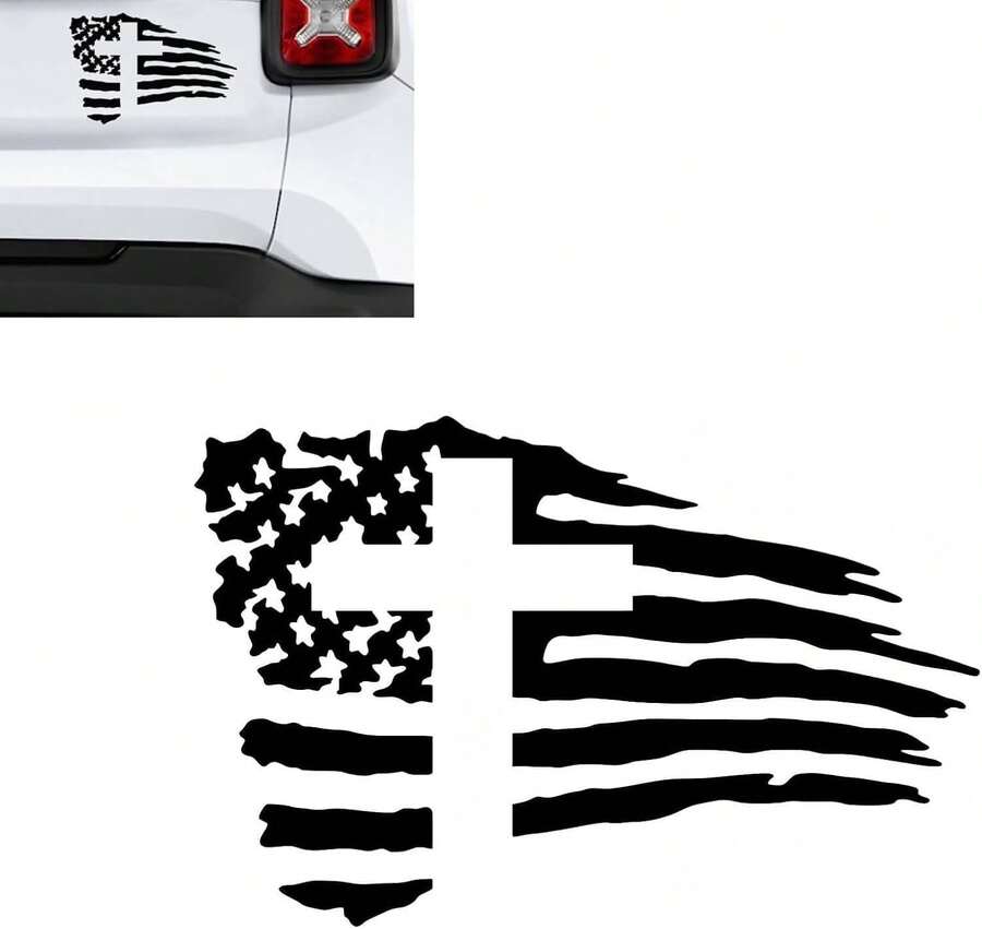 Patriotic Flag & Cross Design Car Decal, 5.1"X7.9" Self-Adhesive Vinyl Bumper Sticker, Universal Auto Decor Accessory, Black - Black - View 1