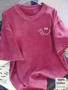 2026 Oversized Vintage Black Cotton Shirt With Face Print, Loose Fit,Vintage Washed Cotton Loose-Fit T-Shirt, Cute  Face And Heart Print - 玫紅色 - 查看 10