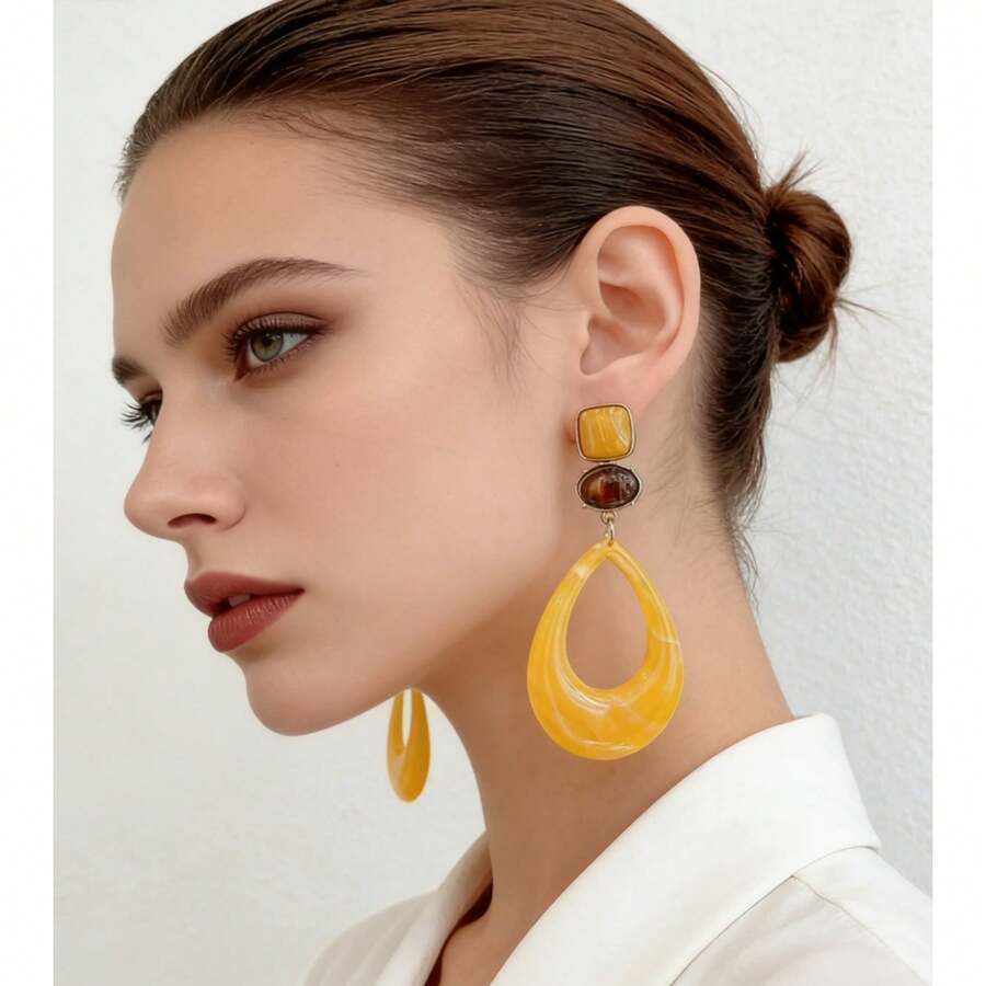 1 Pair Vintage Exaggerated Geometric Big Pendant Dangle Earrings European American Fashion Women Drop Earrings Mother's Day Gift - Màu vàng - Xem 1